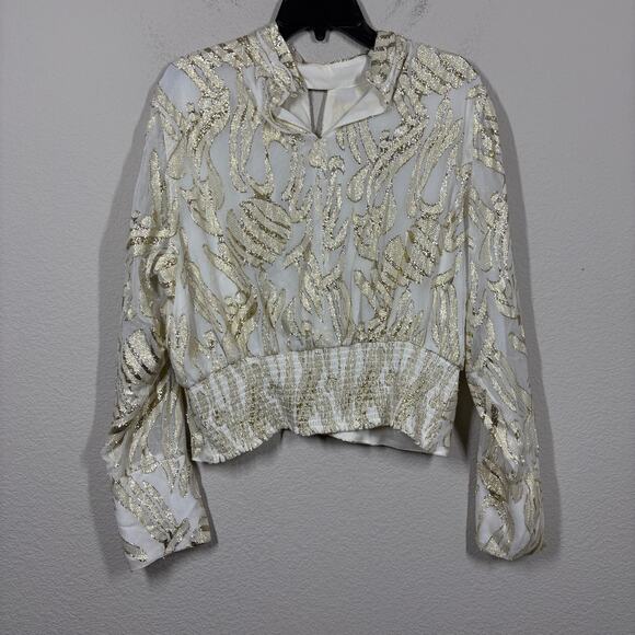 Parker Size XL The Piper Top Gold White Lurex Blend Keyhole Smocked Long Sleeves - Picture 4 of 12